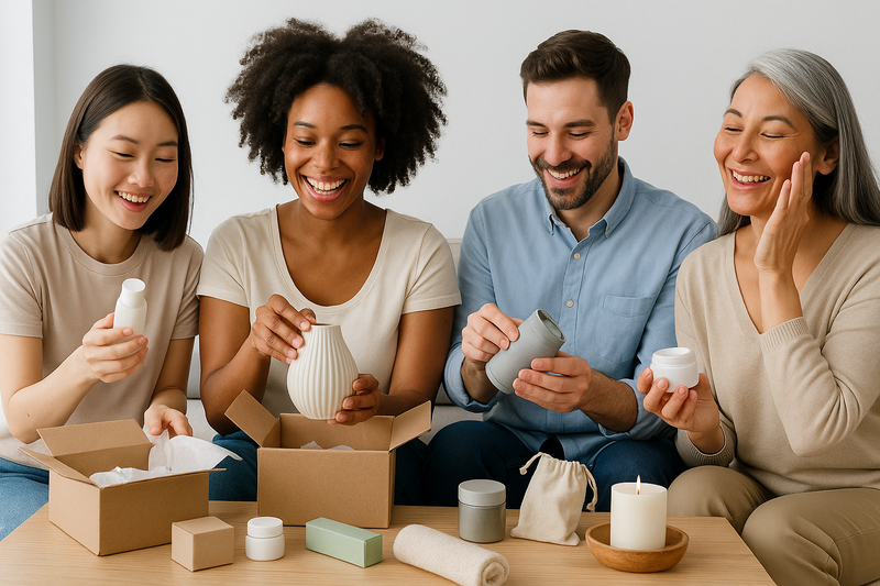 Clean photo of people unboxing or using lifestyle items.