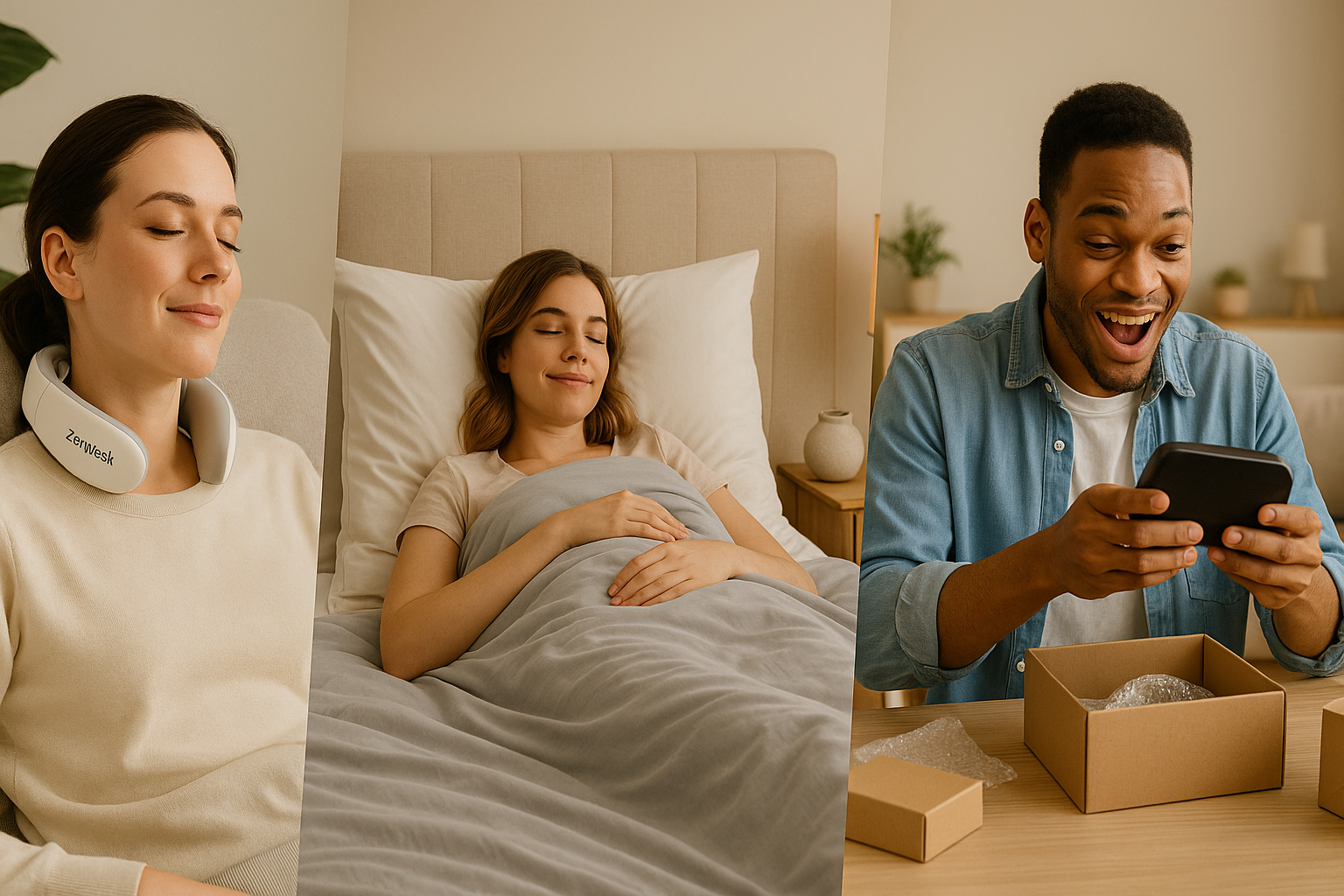 A wide hero banner showing multiple lifestyle scenes stitched together — one person relaxing with the ZenNeck Massager, another cozy in bed under the Cooling Blanket, and someone else unboxing a gadget.